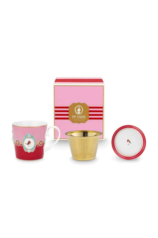 Love Birds Kırmızı/Pembe Madalyon Desenli Tek Kişilik Çay Seti 250 ml