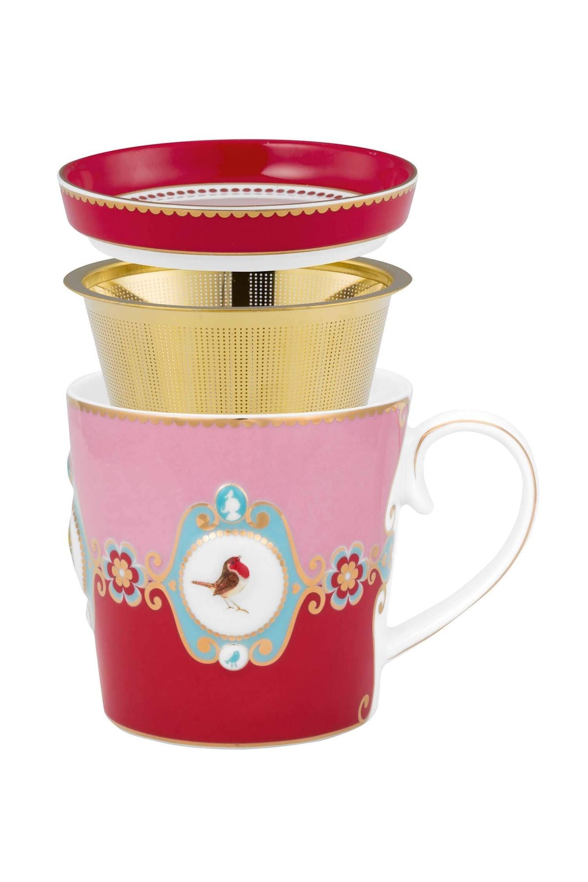 Love Birds Kırmızı/Pembe Madalyon Desenli Tek Kişilik Çay Seti 250 ml
