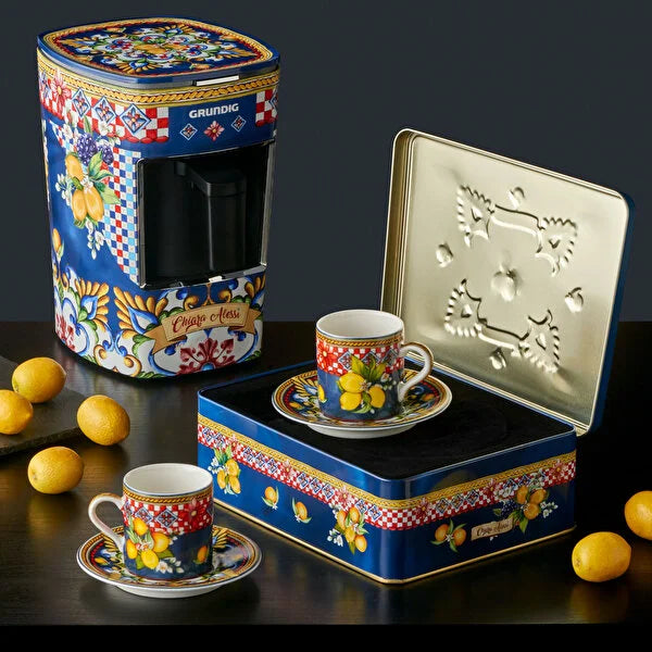 Mavi Porselen Metal Saklama Kutulu Kahve Fincan Seti 120 ml Capri Collection by Chiara Alessi