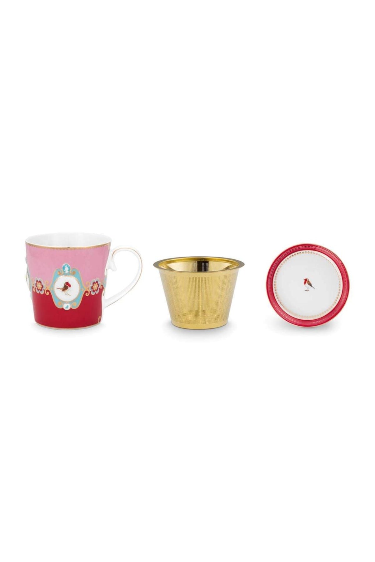 Love Birds Kırmızı/Pembe Madalyon Desenli Tek Kişilik Çay Seti 250 ml