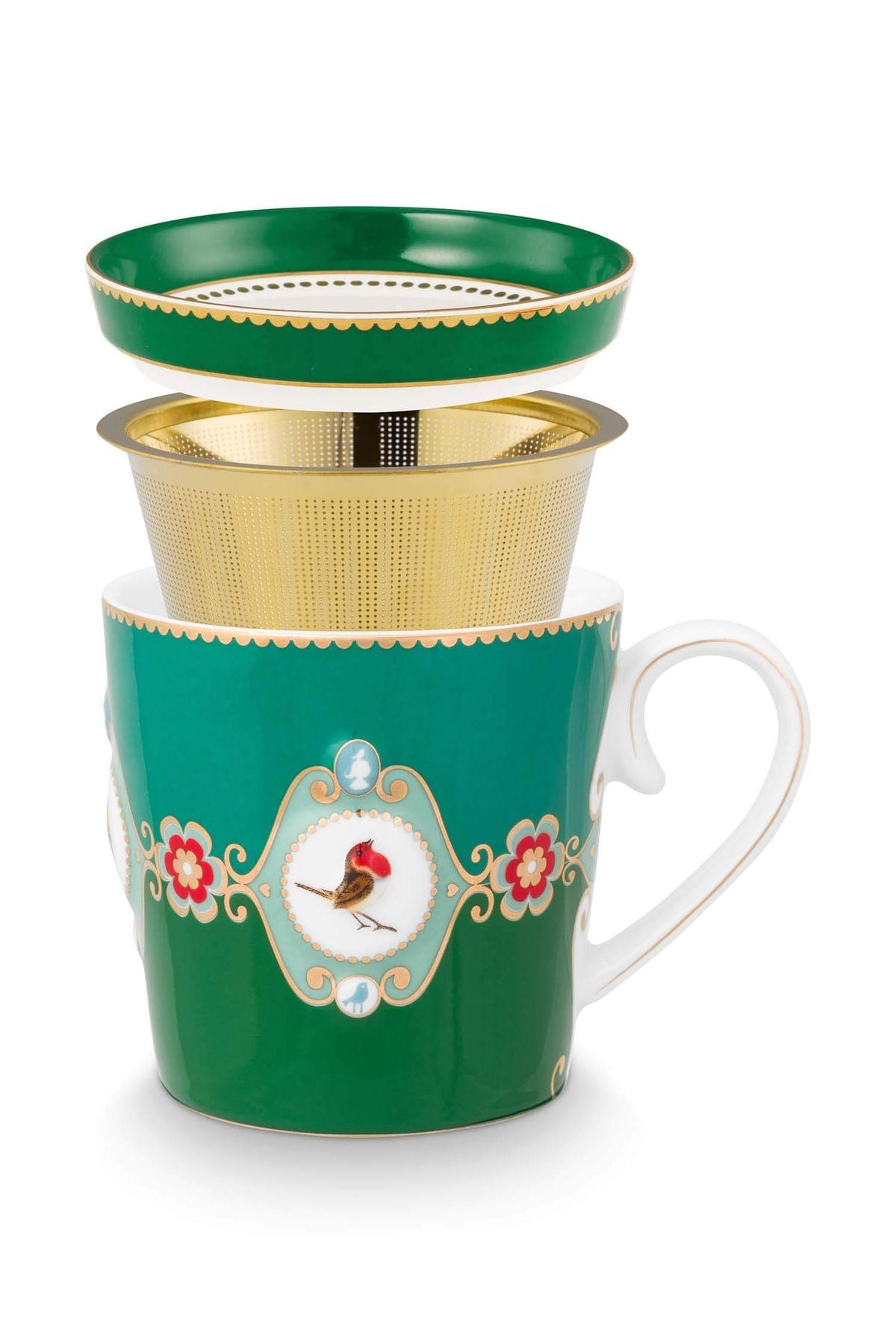 Love Birds Yeşil Renkli Madalyon Desenli Tek Kişilik Çay Seti 250 ml