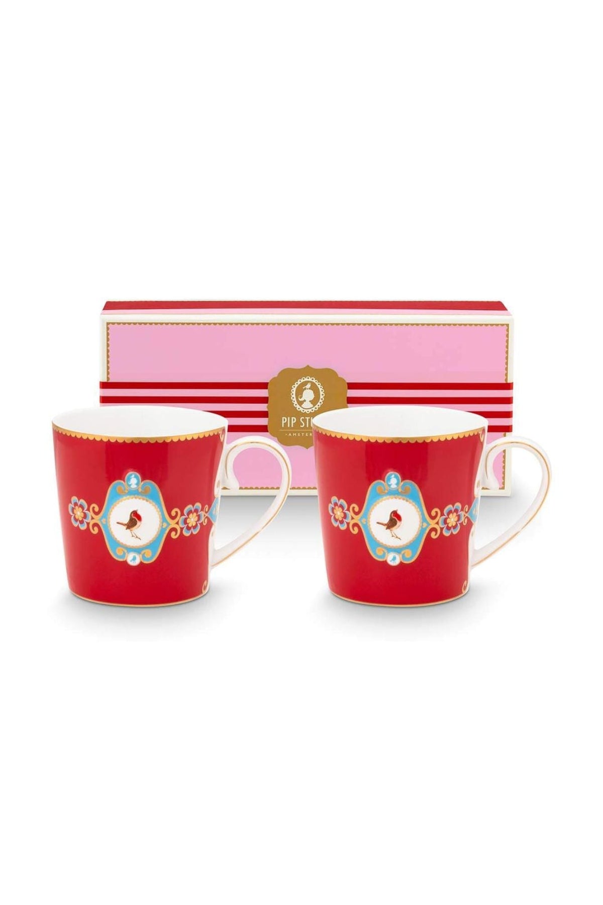 Love Birds Kırmızı Madalyon Desenli İkili Küçük Mug Seti 150 ml