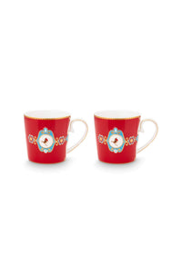 Love Birds Kırmızı Madalyon Desenli İkili Küçük Mug Seti 150 ml - 2
