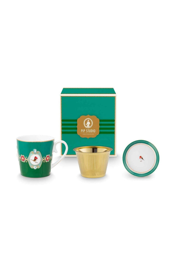Love Birds Yeşil Renkli Madalyon Desenli Tek Kişilik Çay Seti 250 ml